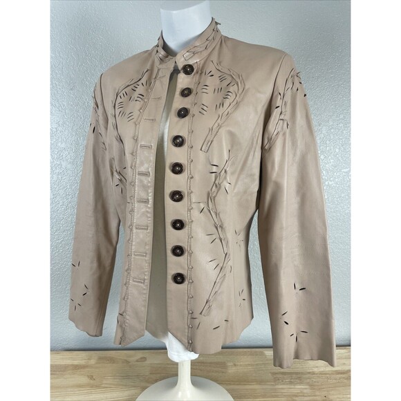 AK ANNE KLEIN Tan Cutaway Leather Jacket Blazer Button Stand Up Collar Sz M - Picture 1 of 10